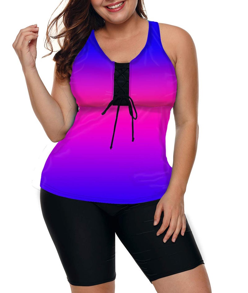 LALAGEN Womens 2026 Plus Size Tankini Swimsuits Rash Guard Capris Athletic Two Piece Swimwear Bathing Suits Blue Purple XXXL - Image 3